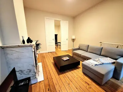 a living room with a couch and a fireplace at Le Duplex-suite Joséphine in Brussels