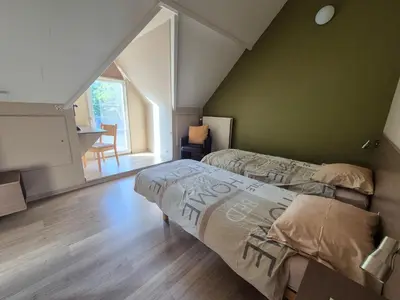 two beds in a room with green walls at B&B Tlekkerbeddeke in Rumst