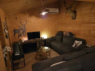 a living room with a couch and a tv at Casa De Los Ciervos in Stekene