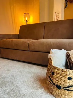 a brown couch sitting in a living room with a basket at Clemençon by BLOSS in Ghent