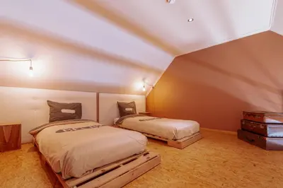 a bedroom with two beds in a attic at De Bronne in Herzele