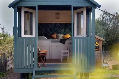 a blue shack with a table in a kitchen at Peace in Assenede