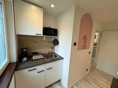 a kitchen with a sink and a microwave at hébergement pour 3 personnes, 2 chambres in Overijse