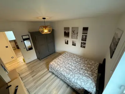 a bedroom with a bed and a chandelier at hébergement pour 3 personnes, 2 chambres in Overijse