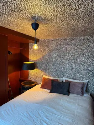 a bedroom with a white bed and a ceiling at Cosy Boudoir Suites - 4p in Antwerp