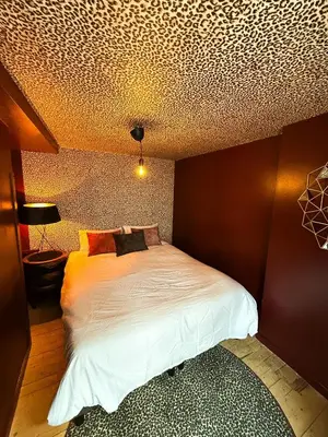 a bedroom with a bed and a coffered ceiling at Cosy Boudoir Suites - 4p in Antwerp