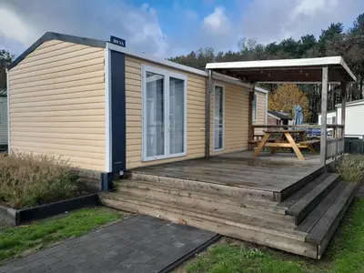 a small cabin with a picnic table on a deck at Charming Breebos Getaway in Rijkevorsel