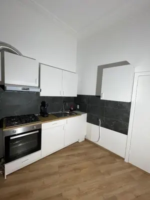 a kitchen with white cabinets and a stove top oven at Heart of Antwerpen in Antwerp