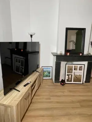 a living room with a flat screen tv and a wooden floor at Heart of Antwerpen in Antwerp