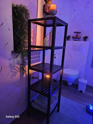 a black shelf in a bathroom with a toilet at Tropical Room in Brussels