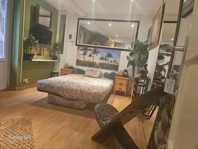 a bedroom with a bed and a large mirror at Tropical Room in Brussels