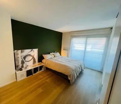a bedroom with a bed and a green wall at PENTHOUSE SABLON in Brussels