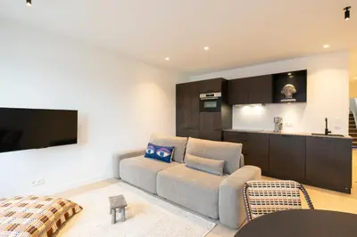 a living room with a couch and a flat screen tv at SHWAY - The First Mate's Watch in Antwerp