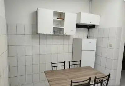 a kitchen with a table and chairs and a refrigerator at Charmant logement familial au cœur d'AALST Belgique in Aalst