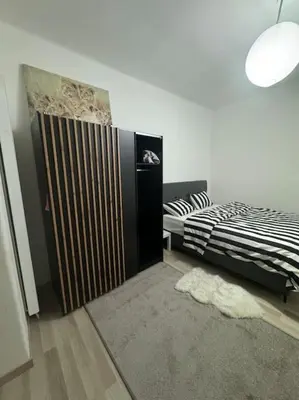 a bedroom with a bed and a large closet at Appartement à Bruxelles in Brussels