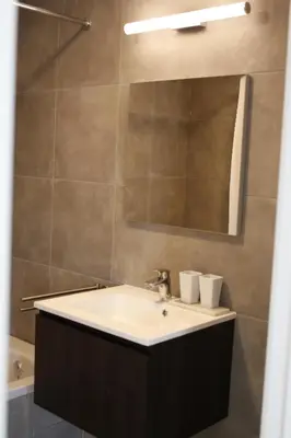 a bathroom with a sink and a mirror at Magnifique penthouse ERASME in Brussels