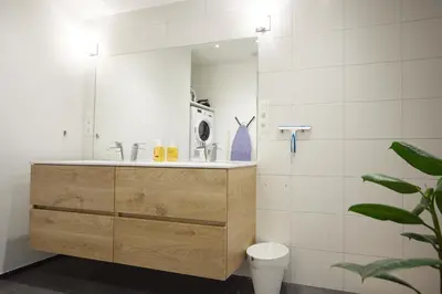 a bathroom with a sink and a mirror at Het Molenhuisje in Brecht