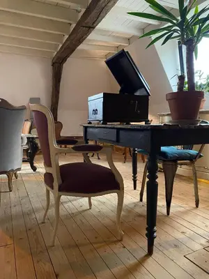 a living room with a piano and a plant at Mystic's Lodge in Antwerp
