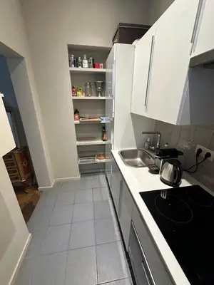 a small kitchen with white cabinets and a sink at Beautiful luxurious 1 bedroom apartment in the heart of the European Quarter in Brussels