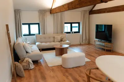 a living room with a couch and a tv at Spacious, newly renovated loft - 107m2 in Sint-Niklaas
