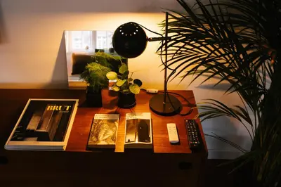 a table with books and a lamp and a plant at A Place Antwerp - Boutique Suites & Flats - Leeuwenstraat 20 in Antwerp
