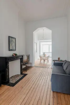 a living room with a couch and a fireplace at Brussels Benit Ixelles House in Brussels