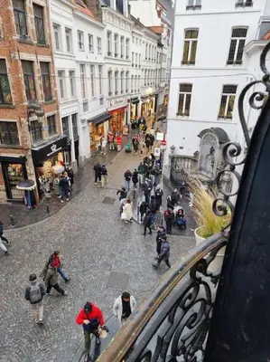 a group of people walking down a city street at Manneken View in Brussels