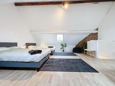 a bedroom with two beds and a rug at Porte de Namur in Brussels