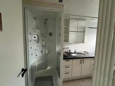 a bathroom with a shower and a sink at Vakantiehuis De Bosrand Goor-Asbroek in Hulshout