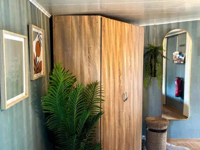 a wooden cabinet in a room with a plant at CASA LAGO gezellige chalet aan het water in Geel