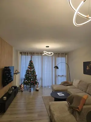 a living room with a christmas tree and a couch at Modern Comfort Spot Apartments in Antwerp