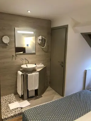 a bathroom with a sink and a mirror at Shelter-rooms in Buysinghen