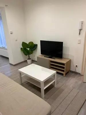 a living room with a tv and a coffee table at Appartement confortable avec garage premier étage sans terrasse in Brussels
