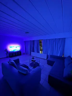 a living room with a couch and a tv at Appartement de Luxe Entièrement Rénové - Proche Aéroport de Bruxelles, Quartier Chic in Brussels