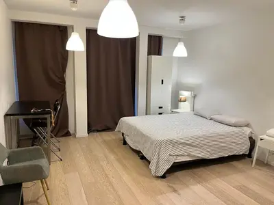 a bedroom with a bed and a desk and a chair at Brussels studio in Brussels