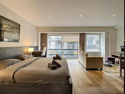 a bedroom with a large bed and a desk at Flat Moliere in Brussels