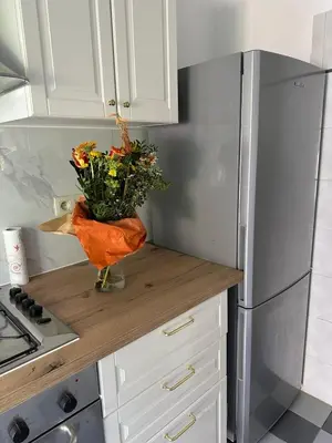 a kitchen with a vase of flowers on a counter at Studio - simply living in Antwerp