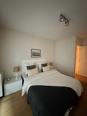 a bedroom with a large bed with a black blanket at Le Refuge Historique WIFI - Parking - Confort in Brussels