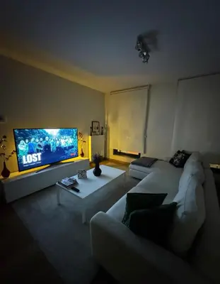 a living room with a couch and a big screen tv at Le Refuge Historique WIFI - Parking - Confort in Brussels
