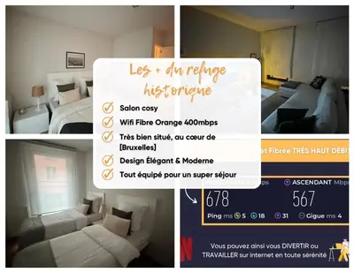 a collage of three pictures of a hotel room at Le Refuge Historique WIFI - Parking - Confort in Brussels