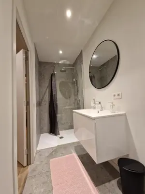 a bathroom with a sink and a shower with a mirror at Cozy Room, Big City Adventures III in Ghent