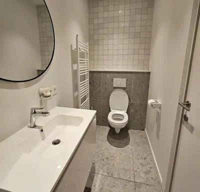 a bathroom with a toilet and a sink and a mirror at Cozy Room in the Heart of Ghent I in Ghent
