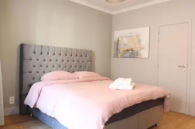 a bedroom with a large bed with pink pillows at Charming Room in Ghent center II in Ghent
