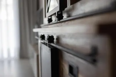 a close up of a wooden table with a drawer at Machelen in Machelen