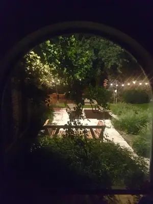 a view of a picnic table in a park at night at Trees in Assenede