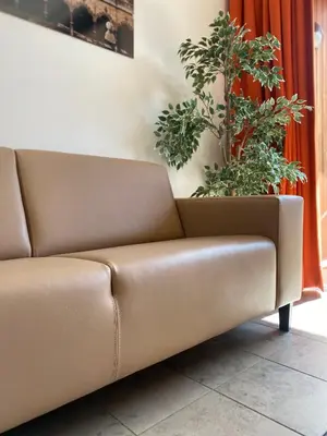 a brown leather couch sitting next to a plant at Bielebale Vakantiehuisjes in Brasschaat