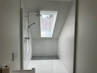 a white bathroom with a shower with a window at Charming Ixelles Apartment Retreat in the Heart of Brussels in Brussels