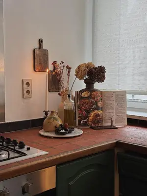 a kitchen counter with a stove and a vase with flowers at Gent Gently apartment in center in Ghent