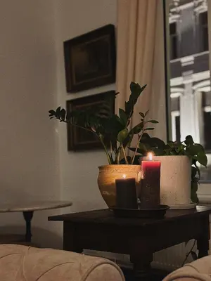 a candle and a potted plant on a table at Gent Gently apartment in center in Ghent