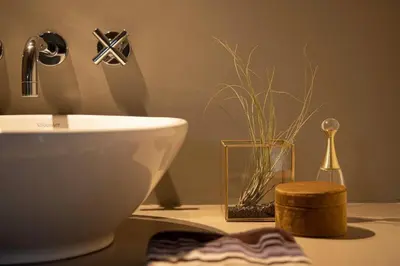 a bathroom with a sink and a vase with a plant at Waterfront vacation home in Sint-Amands